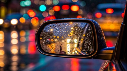 Car side mirror with rain drops reflecting city traffic lights at night