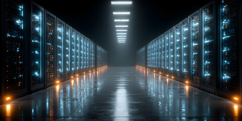 Digital Infrastructure: A futuristic perspective of rows of advanced servers, bathed in neon-lit ambiance, symbolizing the backbone of technological advancement. 