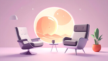 Two modern armchairs face each other in a minimalist, pastel-colored room, with a large, glowing orb and abstract landscape in the background.