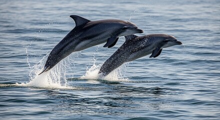 Fototapeta premium Two dolphins leaping out of the ocean water.