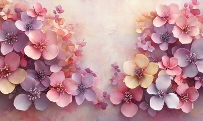 Watercolor background with hand-painted flowers in soft pinks and purples, feminine and delicate, 3D illustration