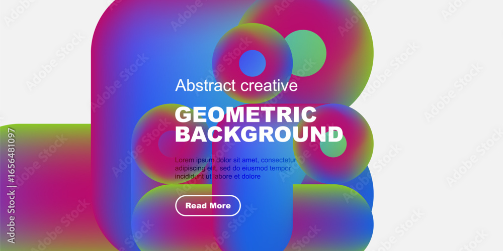 Poster vibrant abstract shapes overlap white space. text promotes geometric background, includes call to ac