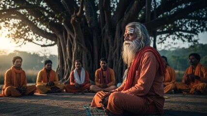 Elderly Spiritual Teacher Leads Meditation with Followers Under Ancient Banyan Tree at Dawn