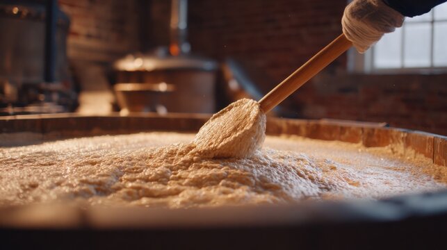 Detailed medium shot of yeast foam being removed by brewers ladle at open fermenter sharp on hand and foam while softly blurred aged brewing equipment and brick walls create warm