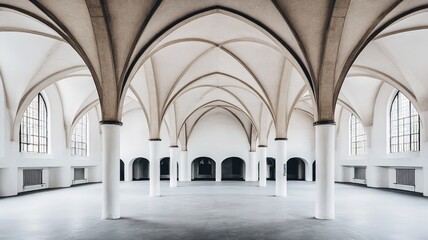 Obraz premium Soft natural light streaming through tall windows onto concrete structure, minimalist symmetrical space presenting modern aesthetic atmosphere for architectural showcase