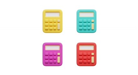 Four colorful calculators isolated on white background