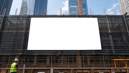 Large blank banner on a construction site with a cityscape background