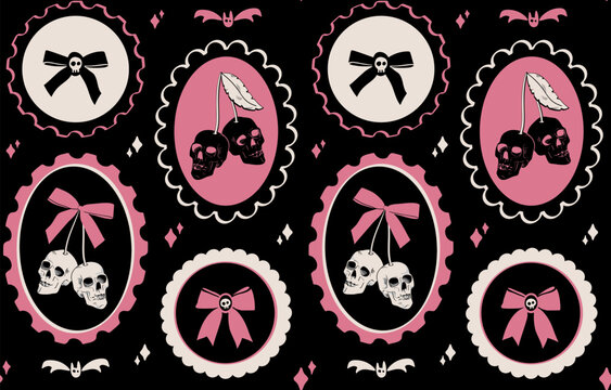 Seamless Halloween pattern with cherry-like skulls tied with bows in oval frames. Hand drawn illustration. Vintage coquette aesthetic, cute spooky design for background, wallpaper, print, fabric. - Powered by Adobe