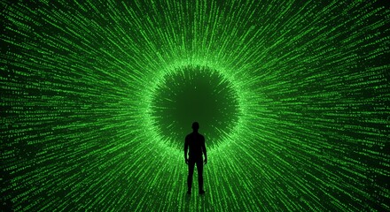 Person standing in green digital tunnel