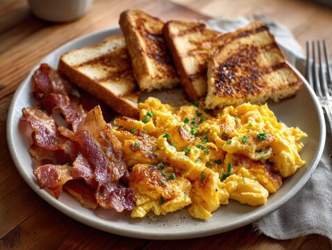 Plate of Scrambled Eggs, Bacon, and Toast