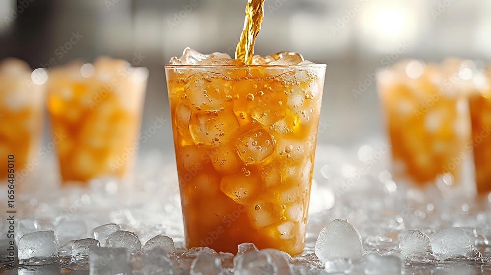Poster golden liquid pours into clear glass filled with ice cubes creating refreshing cold drink splash, ba