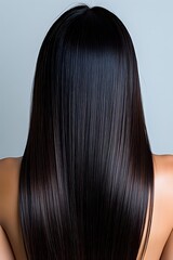 Long straight dark brown hair from behind showing healthy shine and smooth texture against light background, demonstrating professional hair care results.