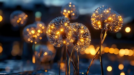 Magical glowing dandelions with warm bokeh lights in evening atmosphere create dreamy nature backdrop for romantic and fantasy designs.