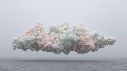 Abstract cloud of pastel balloons over a misty sea