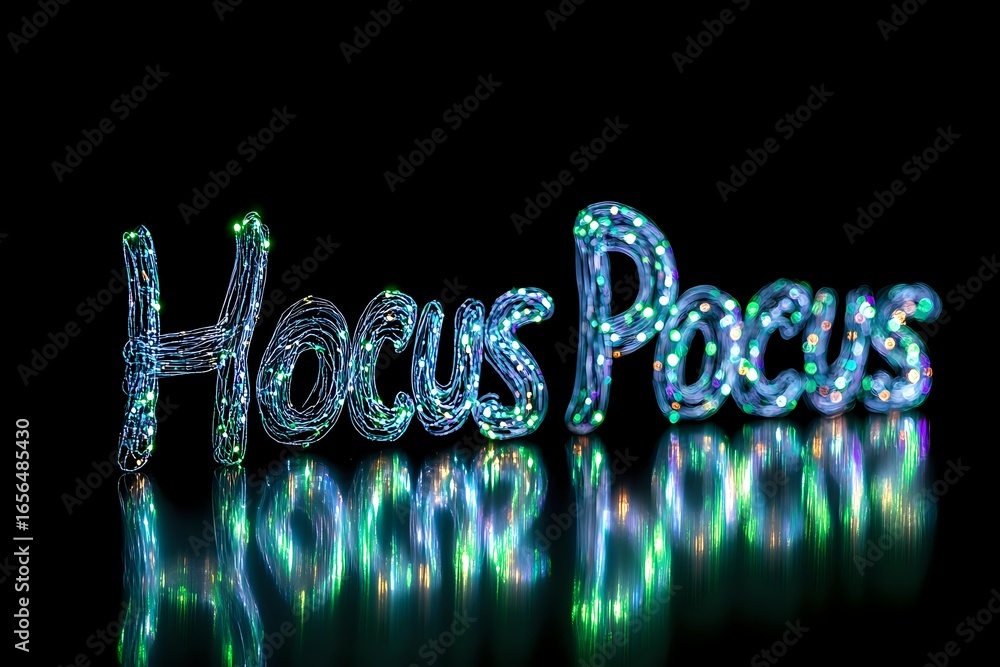 Poster glowing blue and green neon text spelling hocus pocus with magical sparkle effect and reflection on 