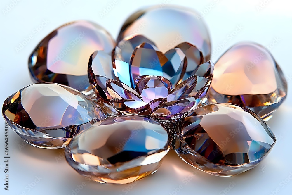 Poster sparkling crystal gems arranged in flower pattern with iridescent reflections and rainbow light effe