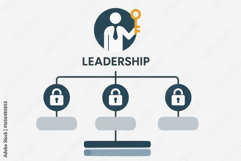 Poster leadership concept with key symbol and lock icons representing security and control in management