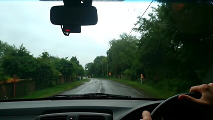 Car interior view showing hands on the steering wheel driving down a wet road lined with green trees on a rainy day, emphasizing road safety and the driving experience. - Powered by Adobe