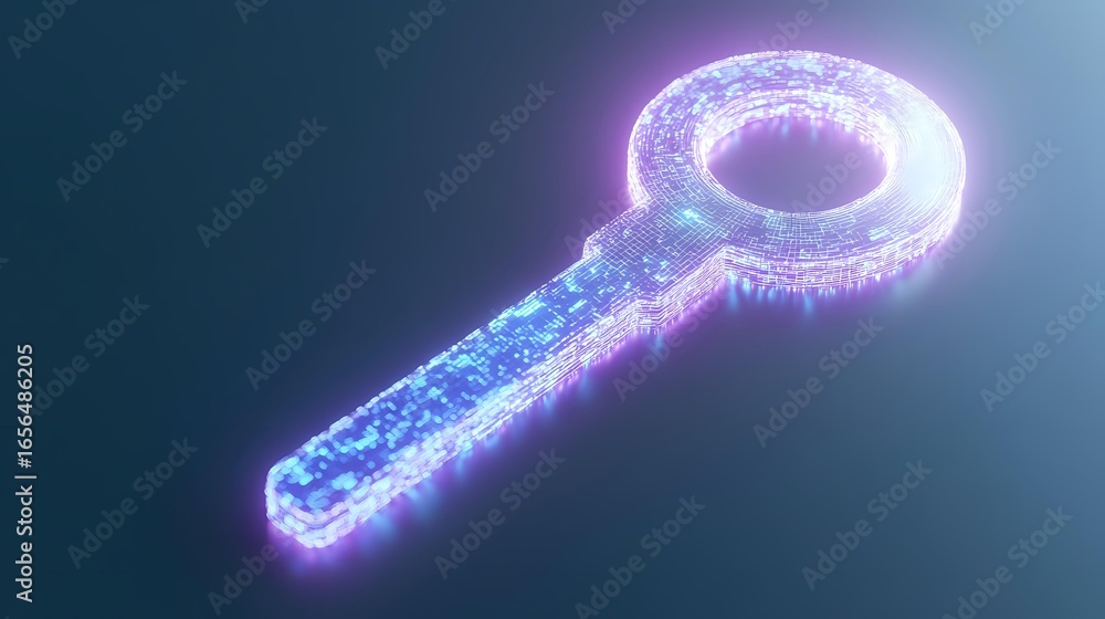 Poster glowing digital key with magical particle effect floating in dark space, neon blue and purple light 