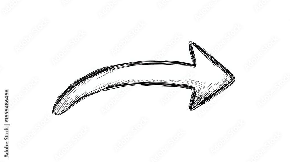 Poster curved right-pointing arrow drawn in black pencil sketch style with rough edges and shading on white