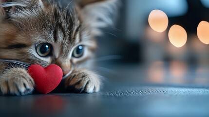 Adorable kitten playing with red heart toy on dark surface against blurred bokeh lights background, creating romantic and tender mood for Valentine's day designs.