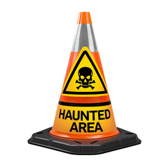 A cautionary haunted area safety cone warning featuring a skull crossbones on transparent background