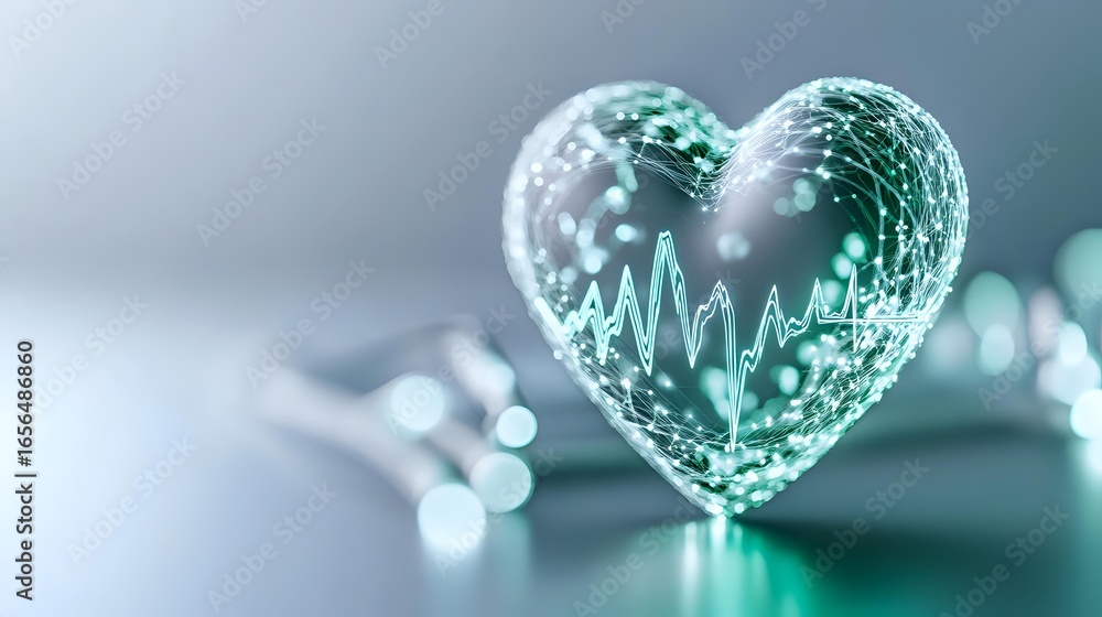 Poster glowing heart shape with pulse wave line in turquoise color on blurred background with bokeh lights,