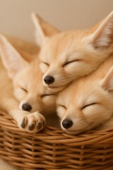 Obraz premium Adorable Fennec Fox Kits Peacefully Sleeping in a Woven Basket