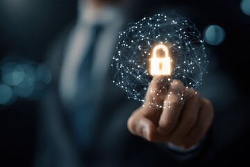 Cybersecurity and privacy concepts to protect data and encryption, secure internet network security technology. Businessman protecting personal data by Lock icon of cyber security