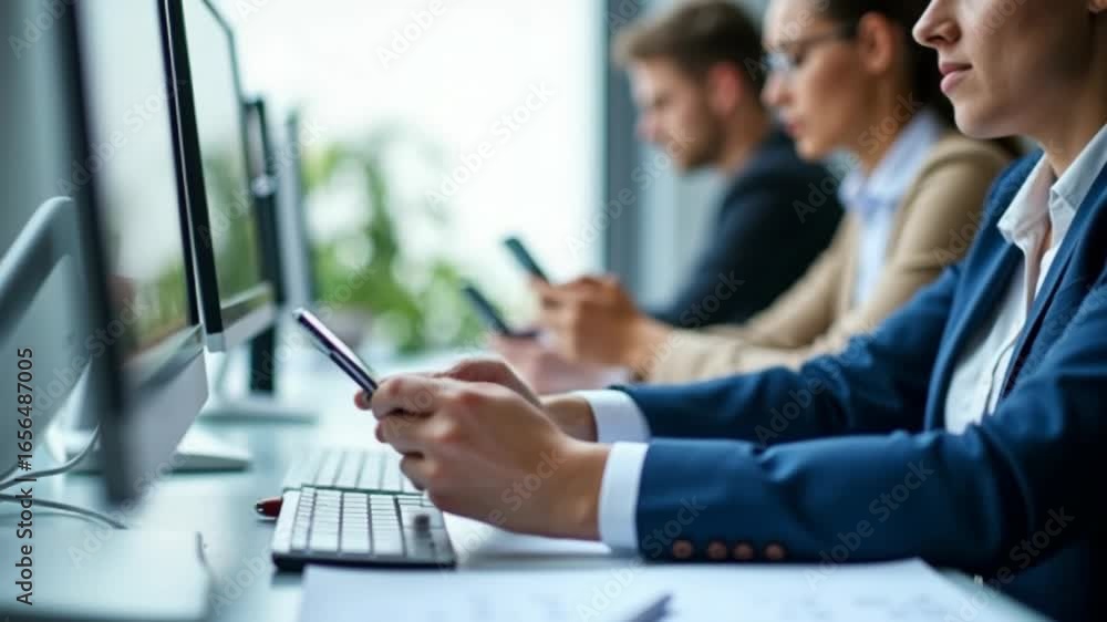 Poster business people working with computers and smartphones a symbol of top service iso certification doc
