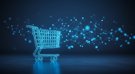 Digital Glowing Shopping Cart with Blue Network Background