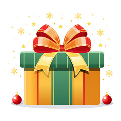 A gift box in orange and green colors with a big red and yellow ribbon. Snowflakes, stars, and red Christmas balls