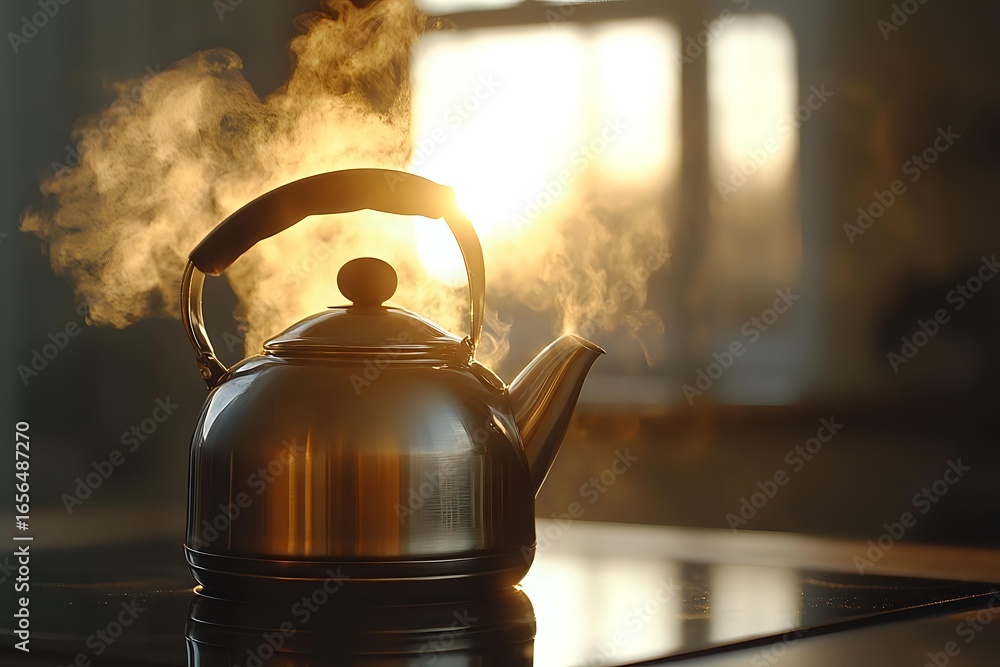 Poster steaming kettle on stove in morning sunlight with golden rays streaming through window, creating atm