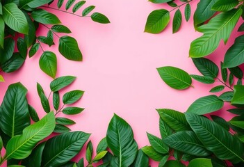 Pastel pink background with lush jungle leaves forming a natural border Top view,  nature border,  tropical leaves
