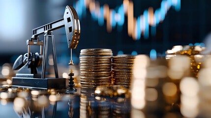 Oil pump jack and stacked coins against financial chart background, representing petroleum industry investment and commodity trading market analysis.