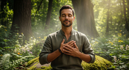 Serene man meditating in a tranquil forest with eyes closed and hands on his chest, connecting with nature and his inner self