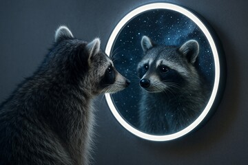 Raccoon Contemplating Its Cosmic Reflection in an Illuminated Mirror
