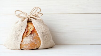Fresh Bread Loaf inside Linen Bag Tied with Jute String on White Wooden Table. Concept of Zero Waste Living and Eco Friendly Lifestyle