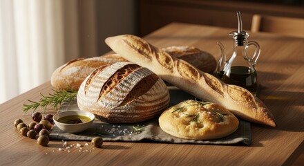 Freshly Baked Artisanal Breads with Olive Oil, Olives, and Rosemary on a Rustic Wooden Table