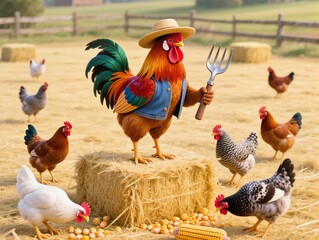 Rooster in Farm Attire Holding Pitchfork Surrounded by Chickens Outdoors. Charming farmyard scene featuring a rooster dressed as a farmer standing on hay, holding a pitchfork, surrounded by hens.
