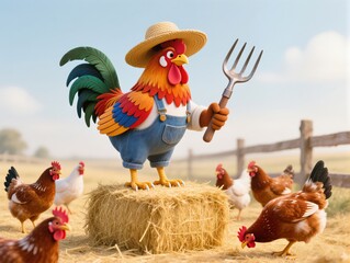 Rooster in Farm Attire Holding Pitchfork Surrounded by Chickens Outdoors. Charming farmyard scene featuring a rooster dressed as a farmer standing on hay, holding a pitchfork, surrounded by hens.