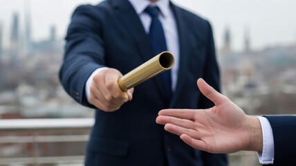 Businessmen in suits exchanging a baton in a relay