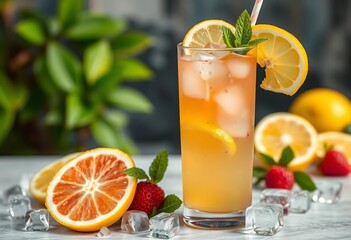 Refreshing cold summer fruit lemonade with ice cubes,  healthy,   berry
