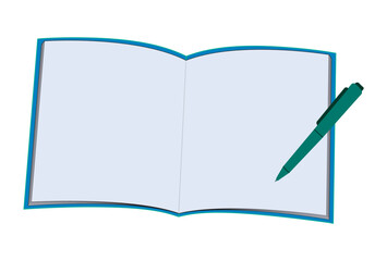 Plain blue notebook and green pen. Notepad. Notebook. Sketchbook.