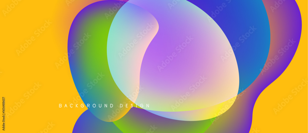 Poster abstract colorful shapes overlap, creating vibrant fluid design. yellow background provides contrast