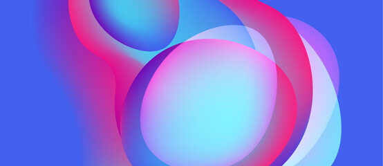 Abstract composition featuring overlapping colorful circles. Blue, pink, purple hues blend creating dynamic visual effect. Smooth gradients dominate design.