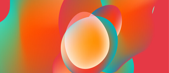 Abstract vibrant shapes blend, creating fluid colorful gradients. Warm tones dominate with cool accents. Smooth transitions define composition.