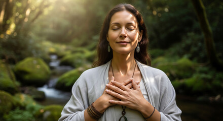 Serene woman meditating in a tranquil forest, with hands on her heart and eyes closed, connecting with nature and inner peace through mindfulness
