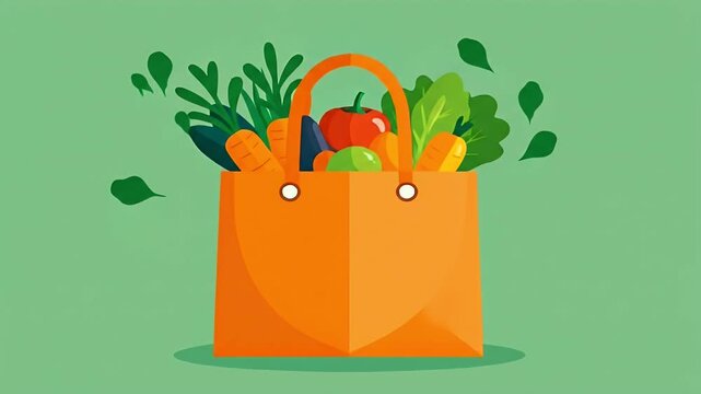 Orange shopping bag filled with colorful fresh produce, including bell peppers, carrots, lettuce, and green apples, set against a light green background.