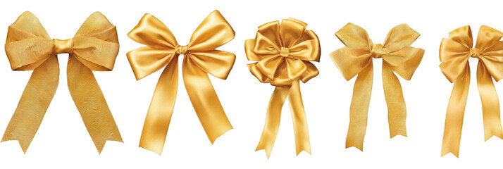 Set of golden, shiny gift ribbon bows with long satin ribbons, jpeg, png, transparent